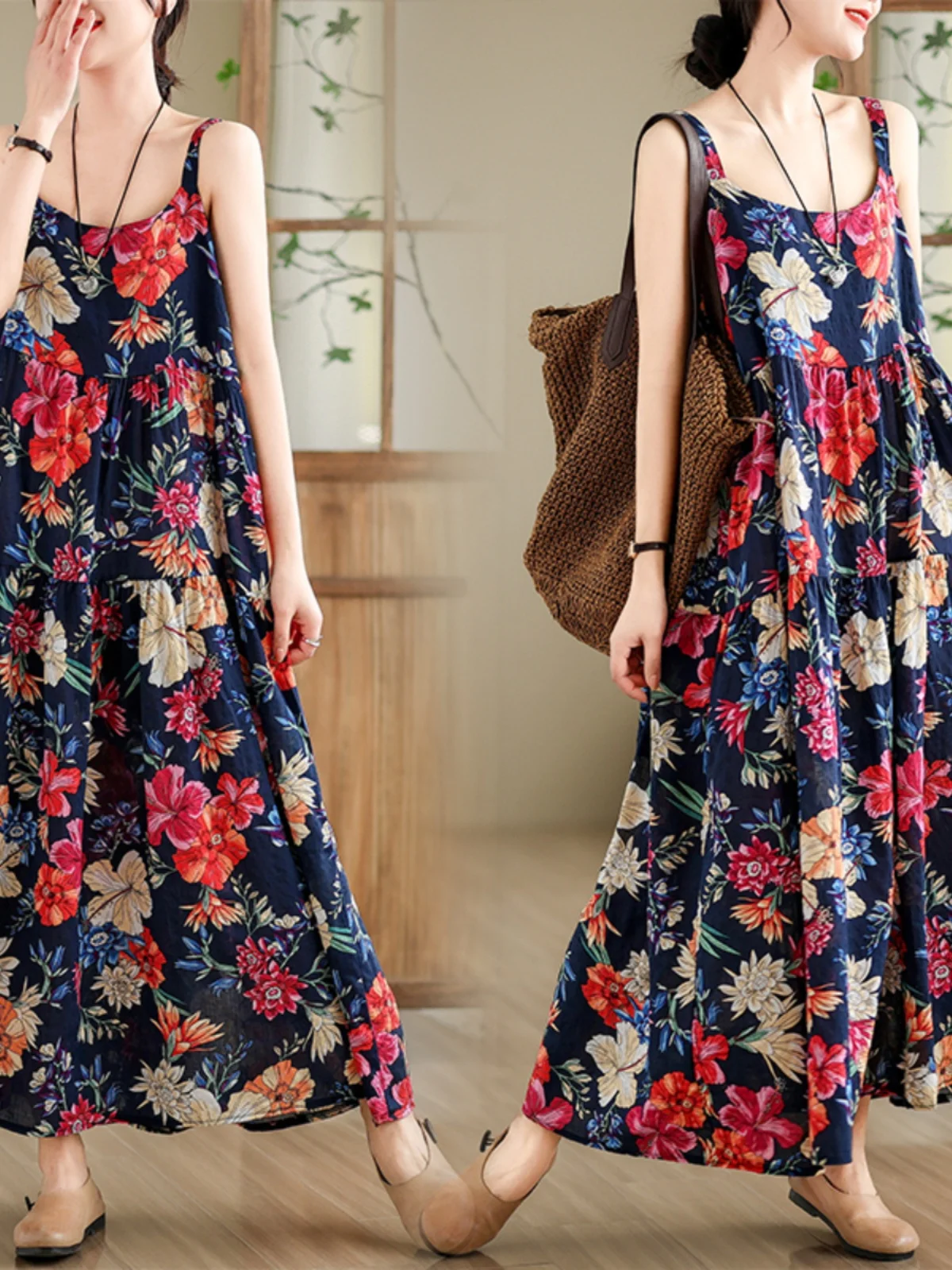 Neue lose große Baumwolle Leinen lange Dr plus Größe Blumendruck Riemen Dr Damen große Blumenrock dünn cool bequem