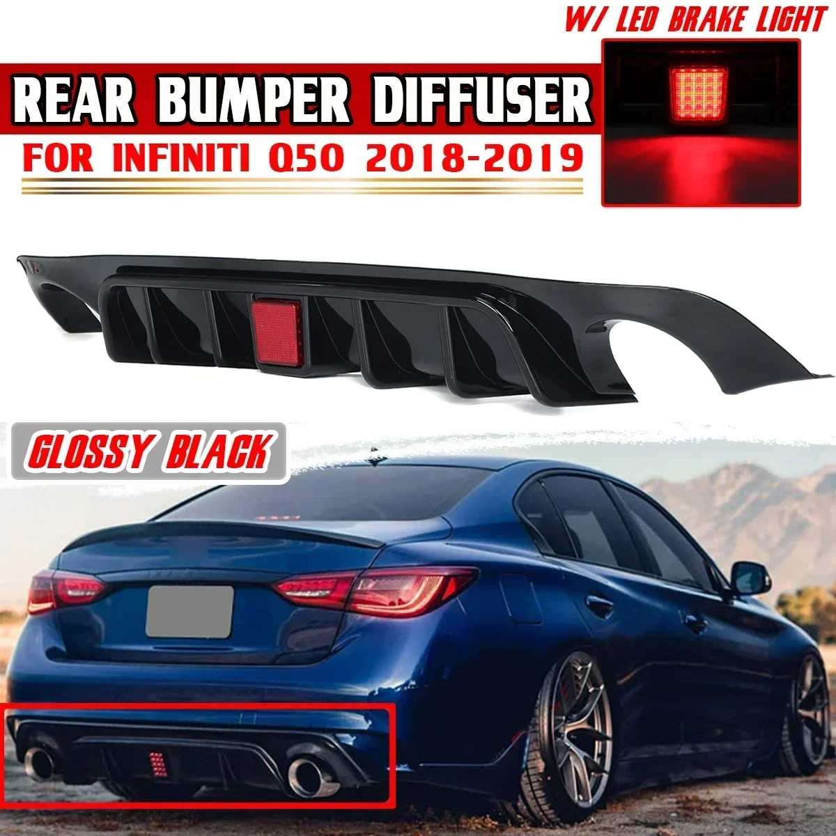 Q50 Car Rear Bumper Diffuser Spoiler Rear Diffuser Spoiler Protector W/ LED Brake Light Lamp For Infiniti Q50 2018-2019 Body Kit