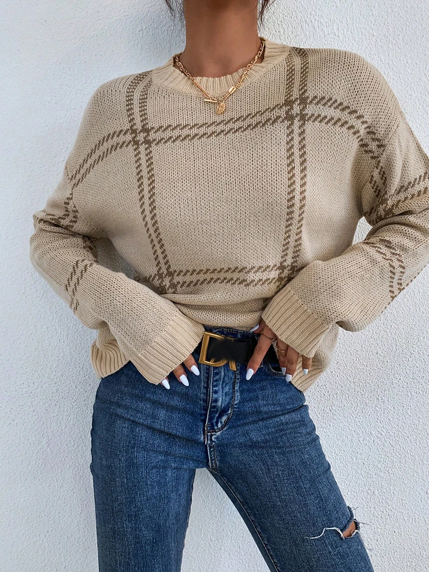 

Parc Fee Fashion Loose Beige Stripe Women's Sweater 2025 Winter O-Neck Long Sleeve Sweater Casual Loose Warm Top Female Clothing