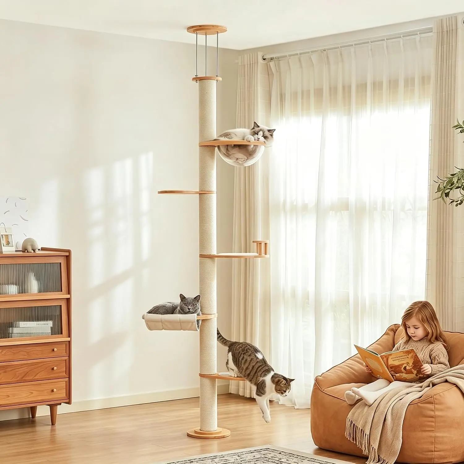 Floor to Ceiling Cat Tree Tower, Cat Window Perch with Cat Scratching Post, Hammock Ect, Adjustable Height, Customized