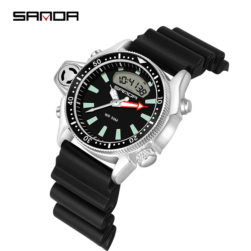 SANDA Sport Men Quartz Digital Watch Creative Diving Watches Men Waterproof Alarm Watch Dual Display Clock Relogio Masculino