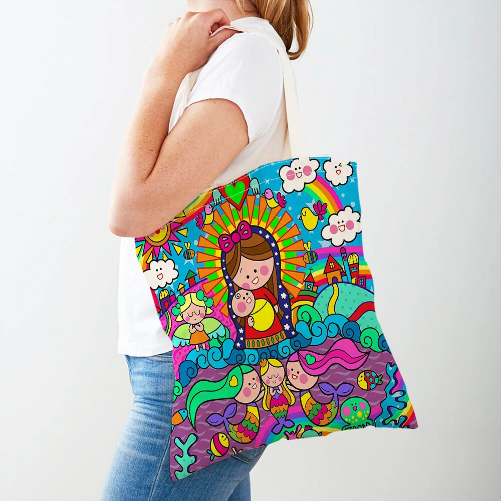 Bolsas de compras para mujer, bolso de mano de la serie Virgen María de dibujos animados, bolso de compras de tela reutilizable plegable, bolso de