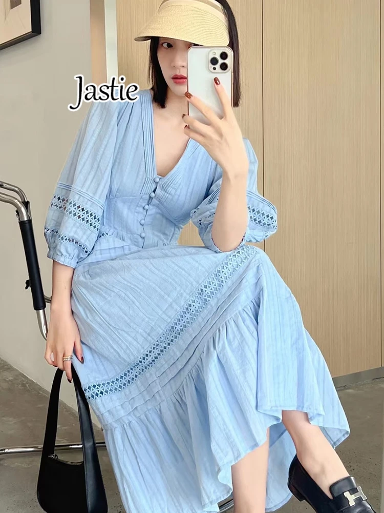 Jastie-Robe Longue à Manches Bouffantes pour Femme, Tenue Française, Couleur Unie, Col en V, Ajourée, Élégante, à Simple Boutonnage, Maxi, Été, 2024