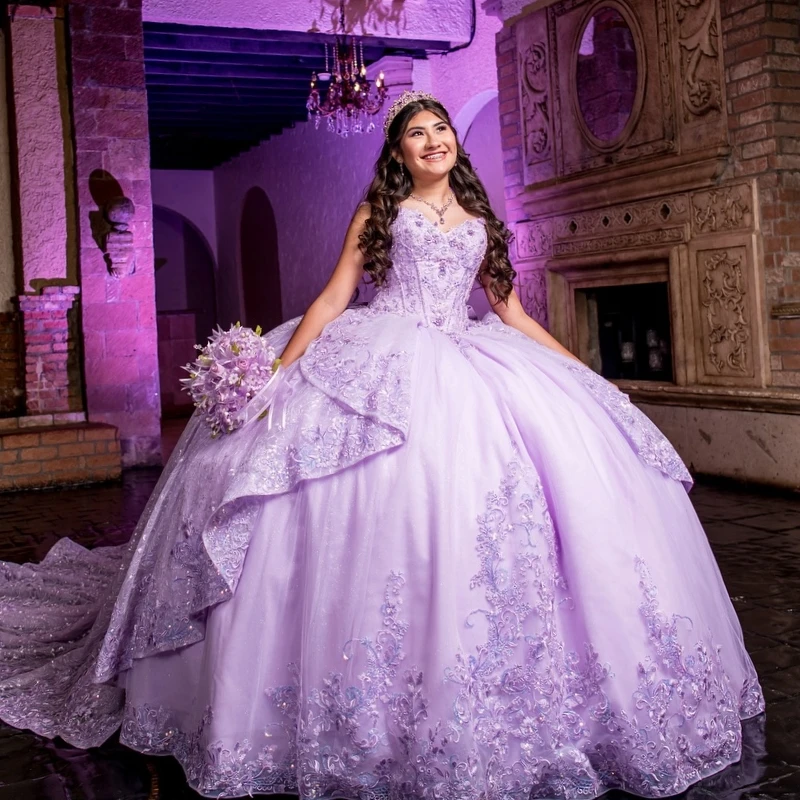 

Customized Lavender Quinceanera Dresses Ball Gown Spaghetti Strap Appliques Lace Beads Tull Sweet 16 Dress Vestidos De 15 Años