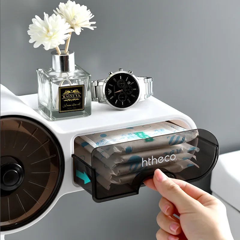 Bathroom Toilet Paper Holder Waterproof Wall-Mounted Tissue Box Multifunctional Storage Rack Roll Paper Storage Box