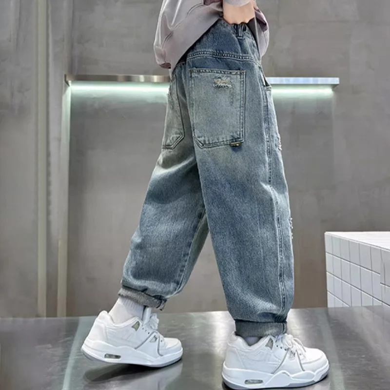 Casual Boys Letter Jeans Spring Autumn Loose Straight Long Pants Teenage Fashion Ripped Denim Trousers For Kids 4-14 Years