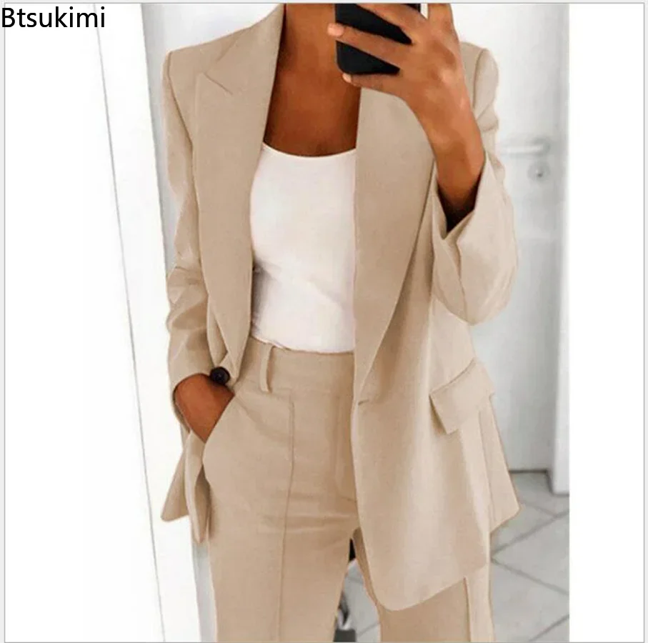 2024Women\'s Solid Blazers Jacket and Pants Sets 2PCS Slim Fit Formal Office Ladies Elegant Clothing Set Two Pieces Oversized 5XL