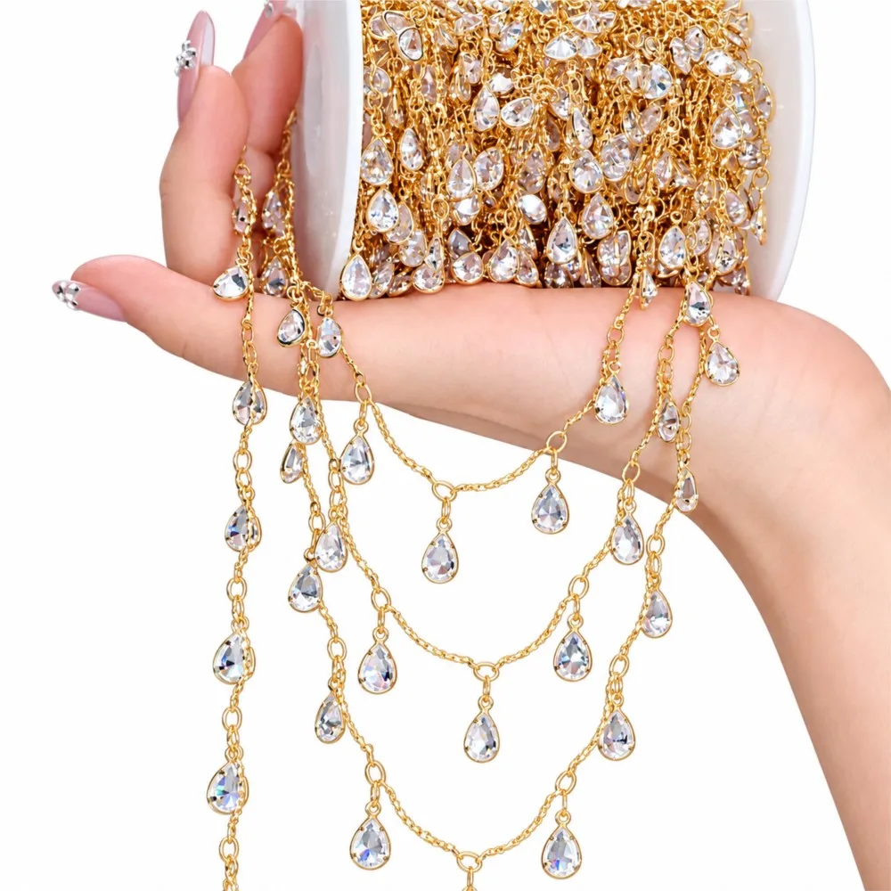 1Meter Waterdrop-shaped Zircon Handmade Copper Chain DIY Necklace Bracelets Jewelry Clothing Making Hair Crown Chains Accessorie