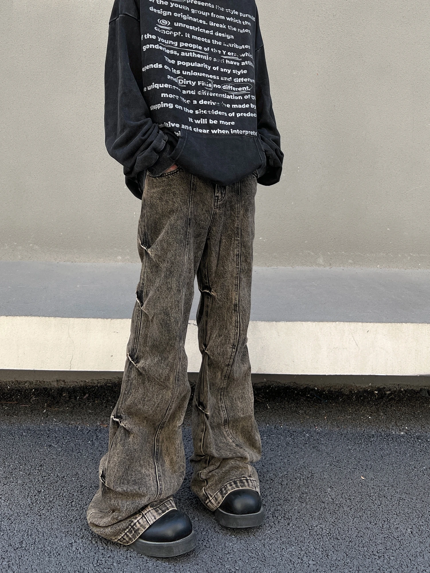 

Американские джинсы-клеш с плиссировкой по бокам, желтые, винтажные, унисекс, свободные, широкие, в пол, в стиле High Street