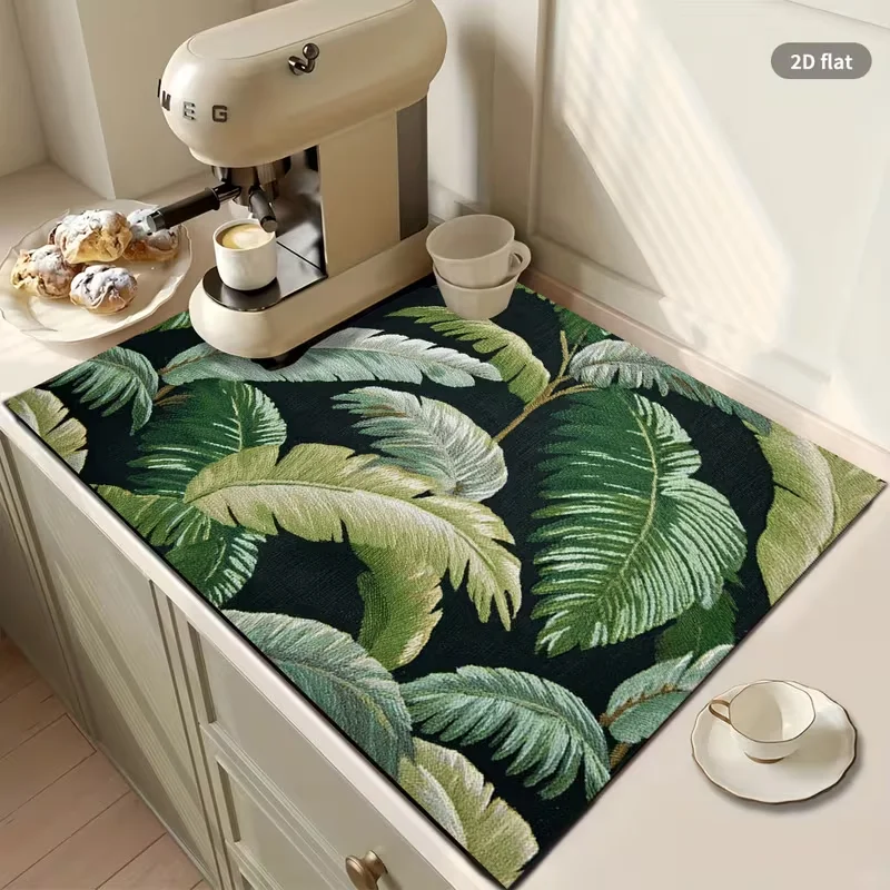 Tropical Monstera Leaves Dish Drying Mat Coffee Countertop Pad Decor Kitchen Sink Draining Pad for Tableware Coffee Machine