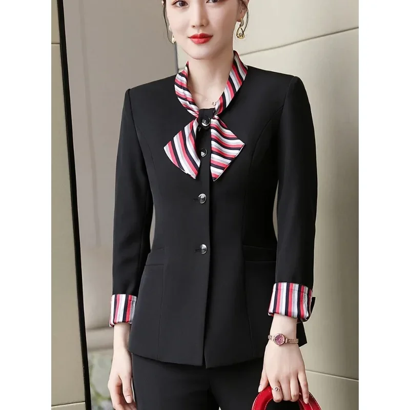 Elegant Office Ladies Work Wear Blazer Women Red Black Navy Solid Long Sleeve Formal Jacket With Bow