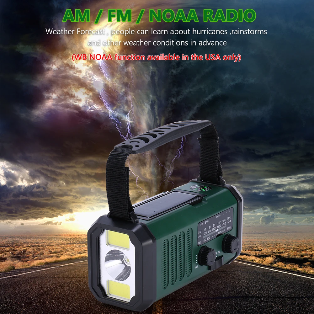 

LED Emergency Radio Handcrank Solar AM/FM/WB 10000mAh Solar Emergency Radio Flashlight Reading Lamp Type-C Charging with Compass