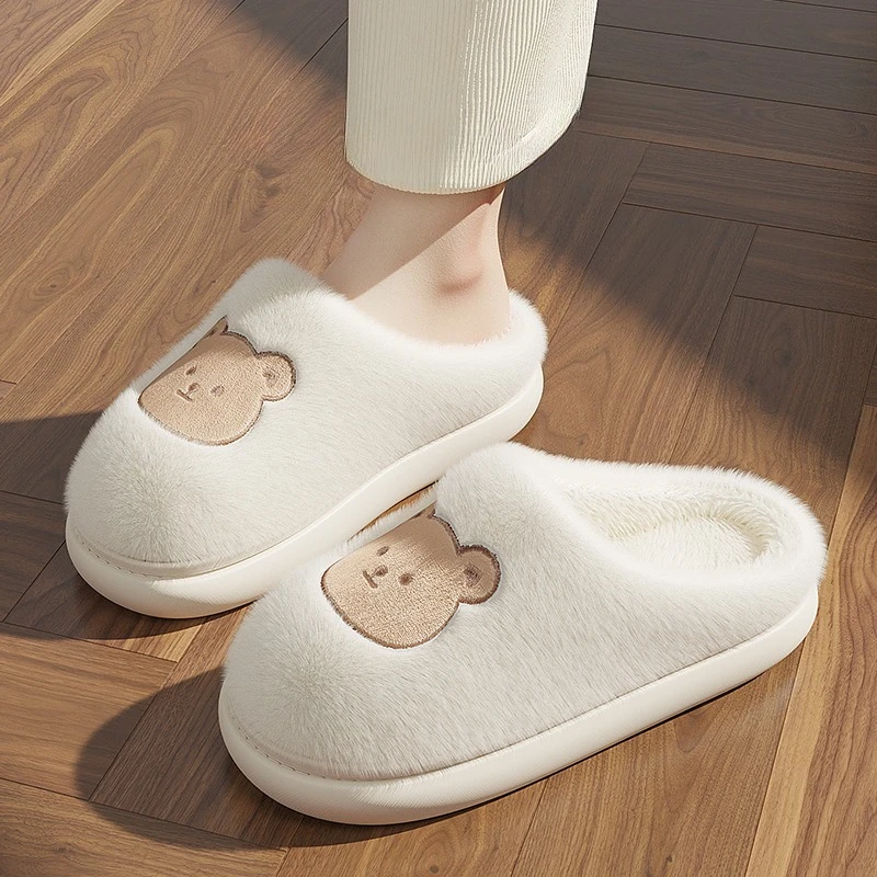 

Cute Bear Cotton Slippers for Woman Winter Indoor Non-slip Slides Plush Warm Men Home Sandals Flat Shoe Couples Flip Flops