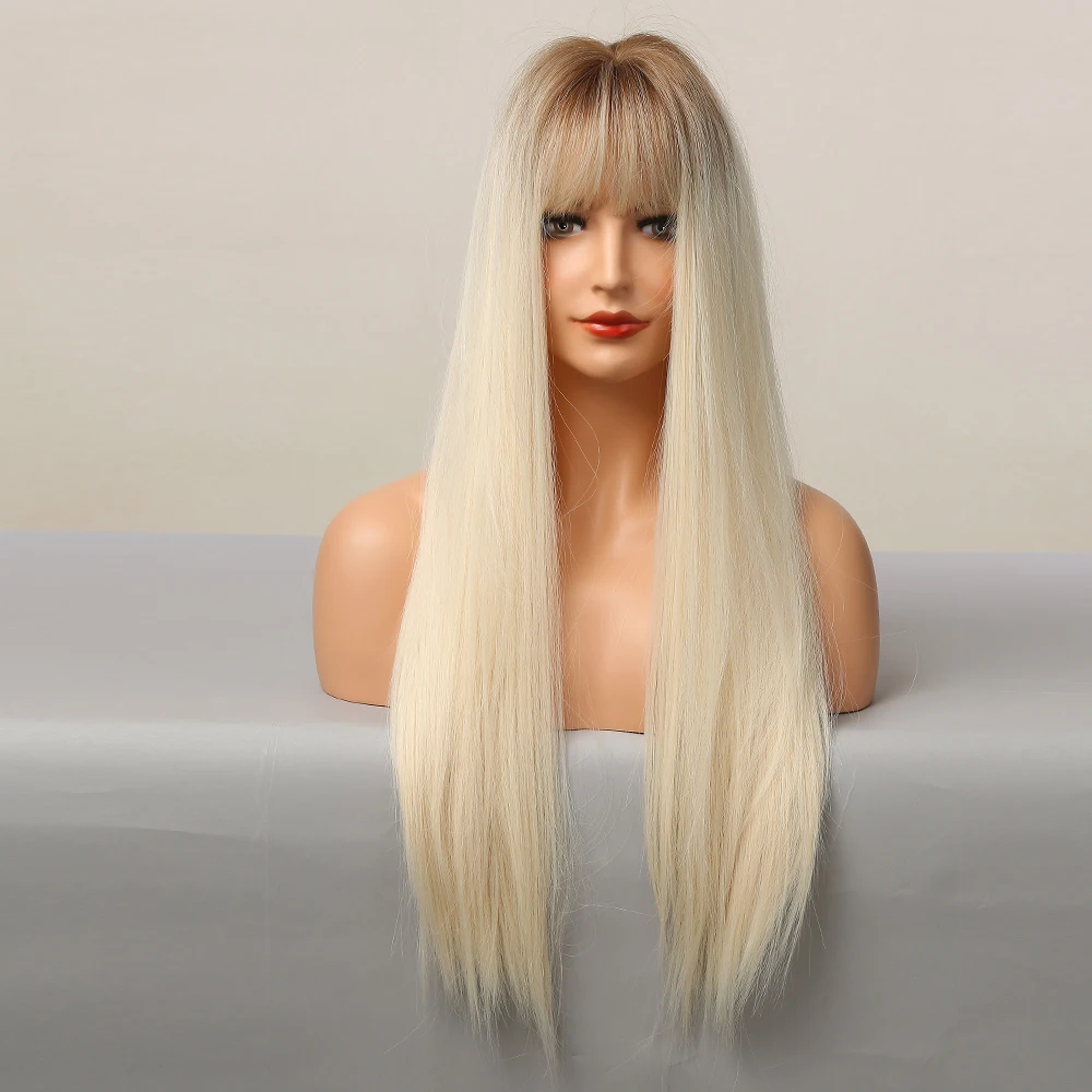 ALAN EATON Blonde Straight Synthetic Wigs Long Ombre Dark Roots Wigs Smooth Blonde Hair with Bangs Natural Looking Daily Party