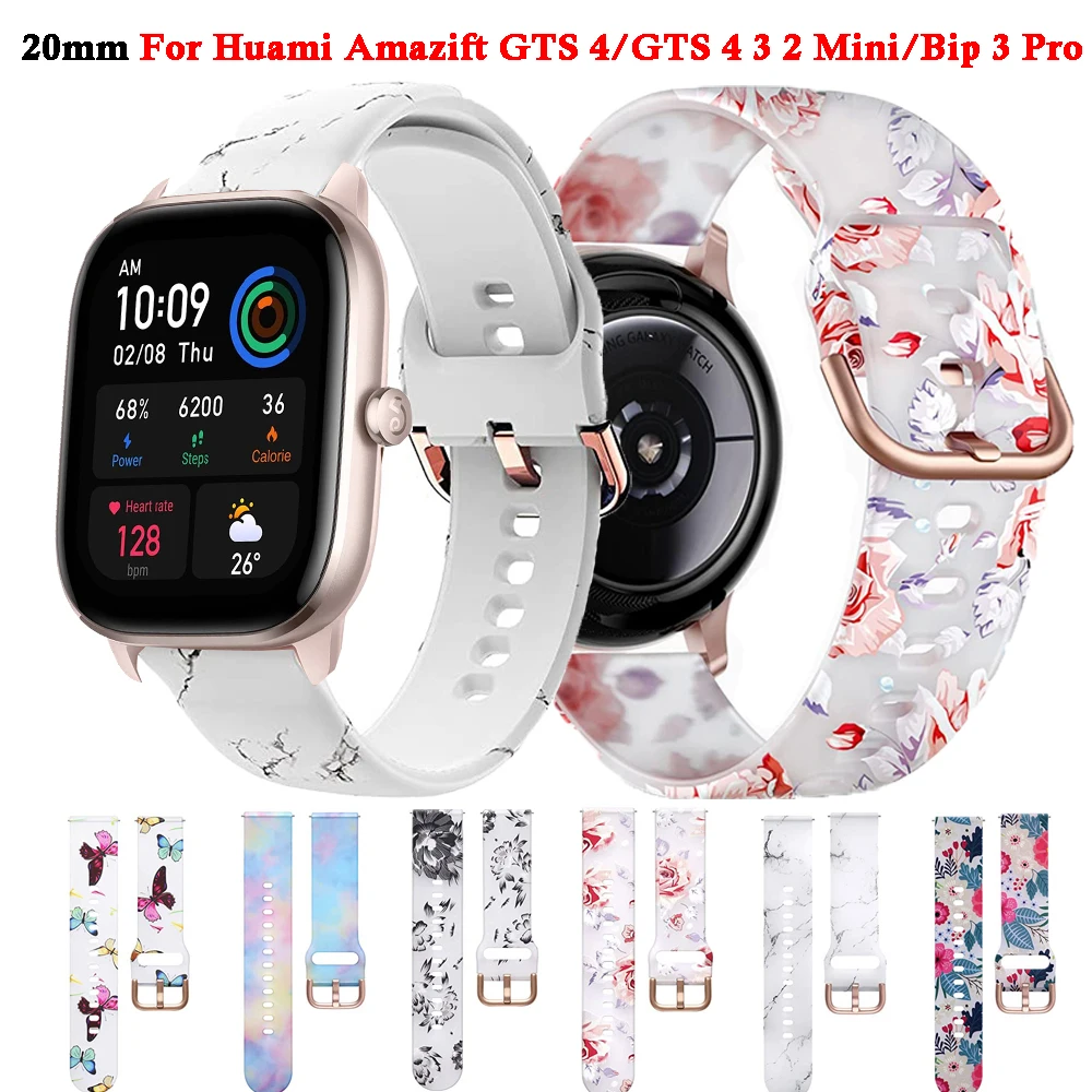 20mm Floral Band For Huami Amazift GTS 4/2/2e/3/GTS2 Mini/GTR 42mm Watch Bracelet Amazfit Bip 3 Pro Transparent Silicone Strap