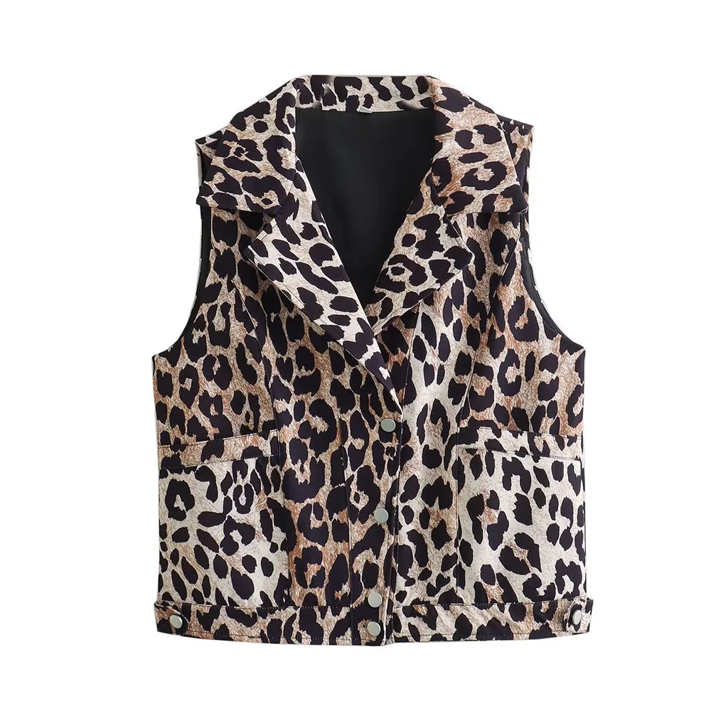 Gilet gilet casual tascabile monopetto con stampa leopardata delle nuove donne di moda 2024