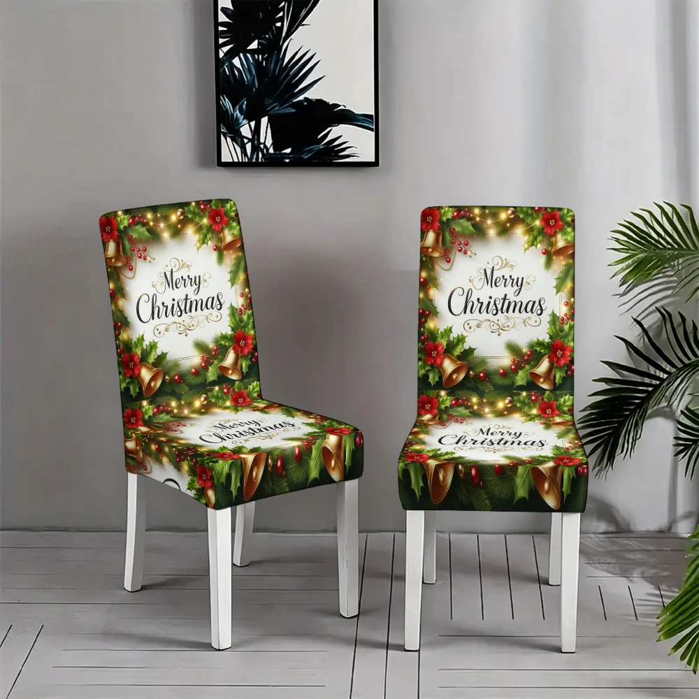 White Frame Merry Christmas Poinsettia Golden Bell Pine Holly Dining Chair Slipcover Stretch Xmas Holiday Chair Cover