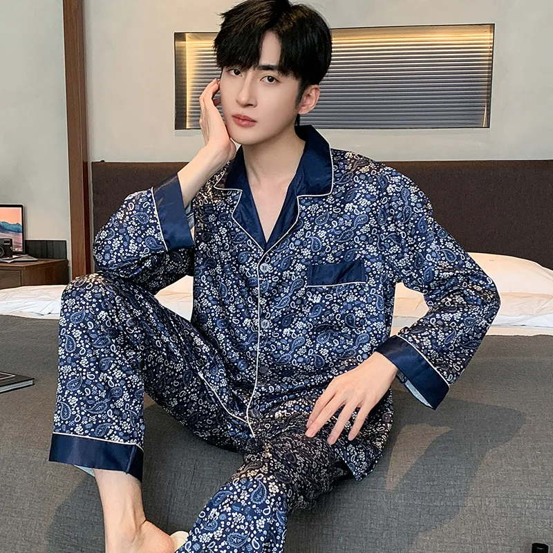 Navy Blue Satin Homewear Summer Spring New Pajamas 2Pcs Male Nightwear Luxury Print Trousers Suit Men Loungewear Sleepwear