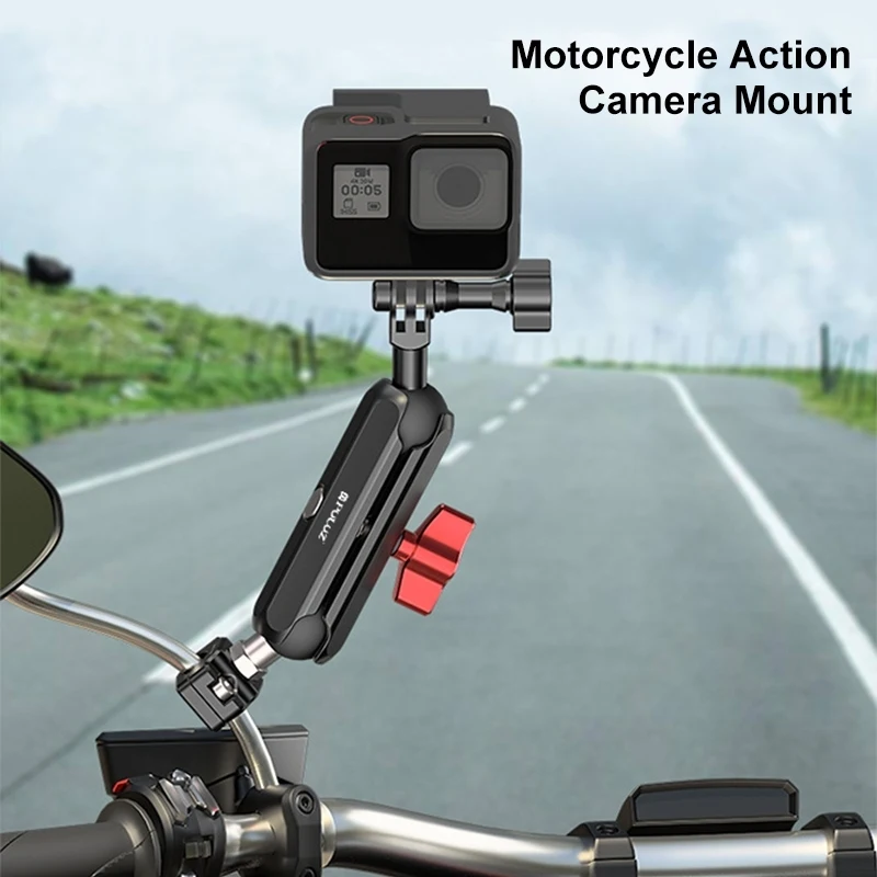 PULUZ Motorcycle Rearview Clamp CNC Metal Magic Arm Rod Mount 360-degree Rotating Double Ball Head For Action Camera / Phone