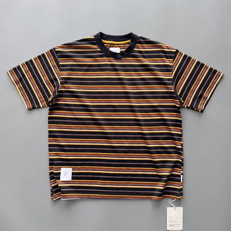 Heavyweight 320gsm 100% Cotton Washed Loose-fit Oversized Small-neck American Horizontal Striped Short-sleeve T-shirt Summer Tee