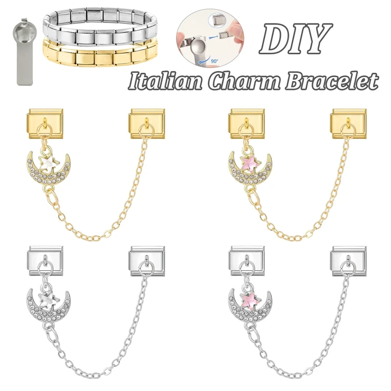 Shiny Zircon Moon Star Butterfly Bow Knot Tassel Chain Italian Charm Links Fit 9mm Stainless Steel Bracelet Men Women DIY Making