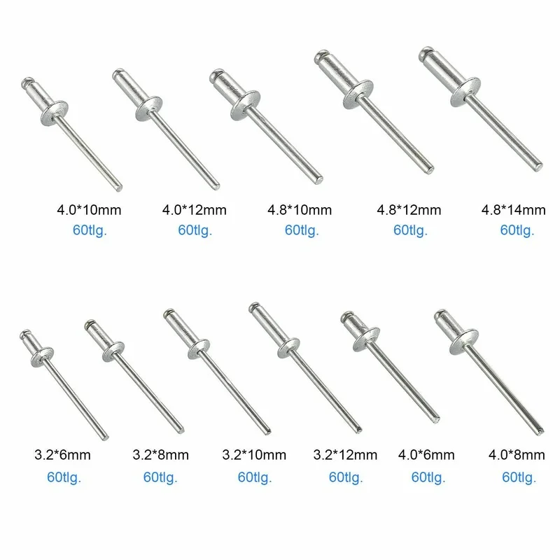 Imagem -05 - Assorted Alumínio Liga Mandril Escape Rebites com Caixa Dome Cabeça Cega Rebite Ferramenta 3.2 mm mm 4.8 mm 660 Pcs