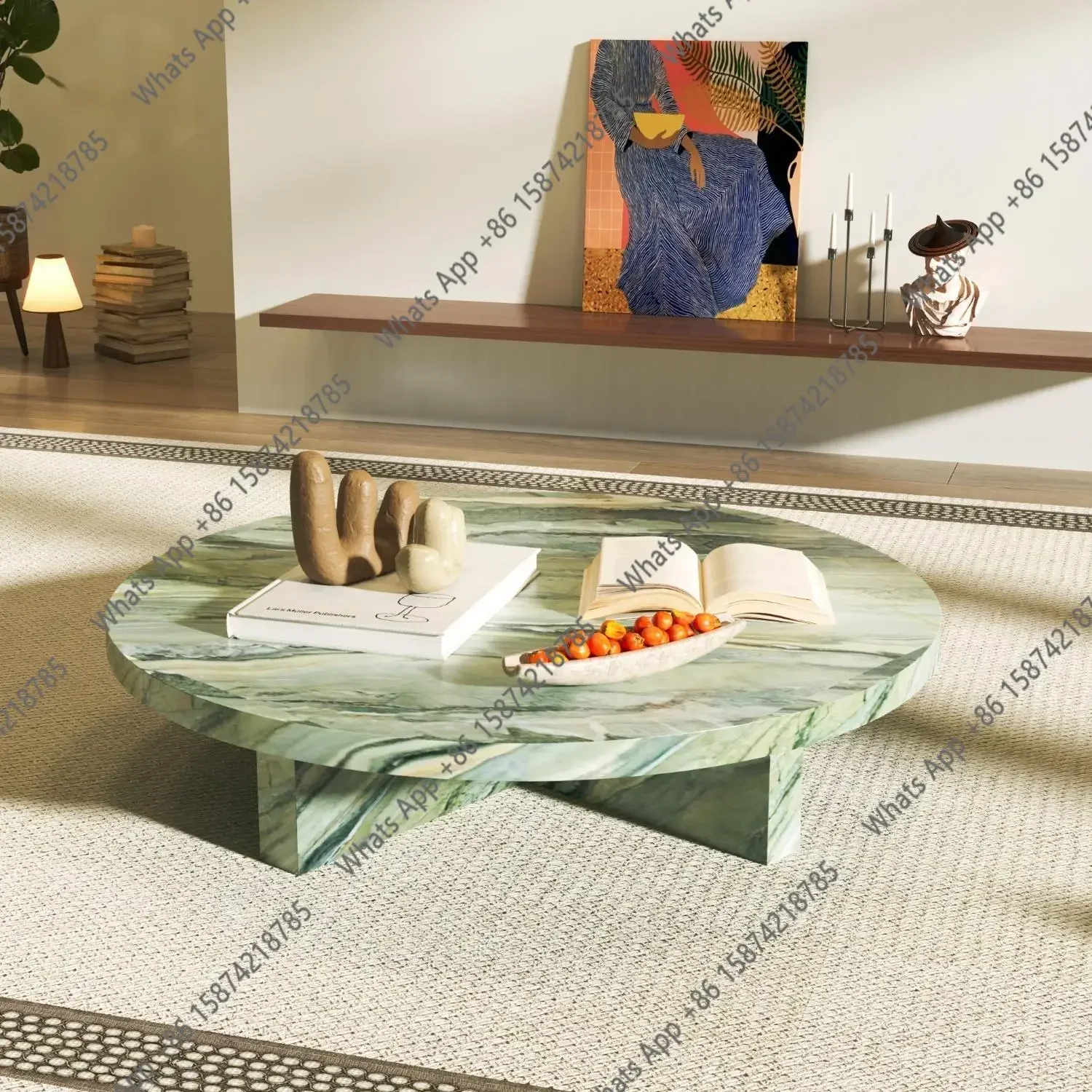 bN New Pink Jade Round Coffee Table Large Living Room Luxury Stone Side Table Heat & Scratch Resistant Master Design Customizabl