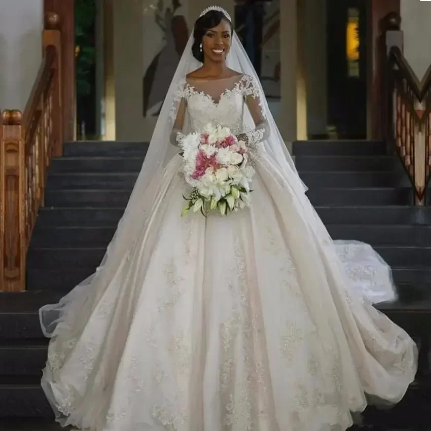 Robes de casamento personalizados, vestido de baile, com apliques de renda, trem catedral, plus size, mangas compridas, vestido de noiva
