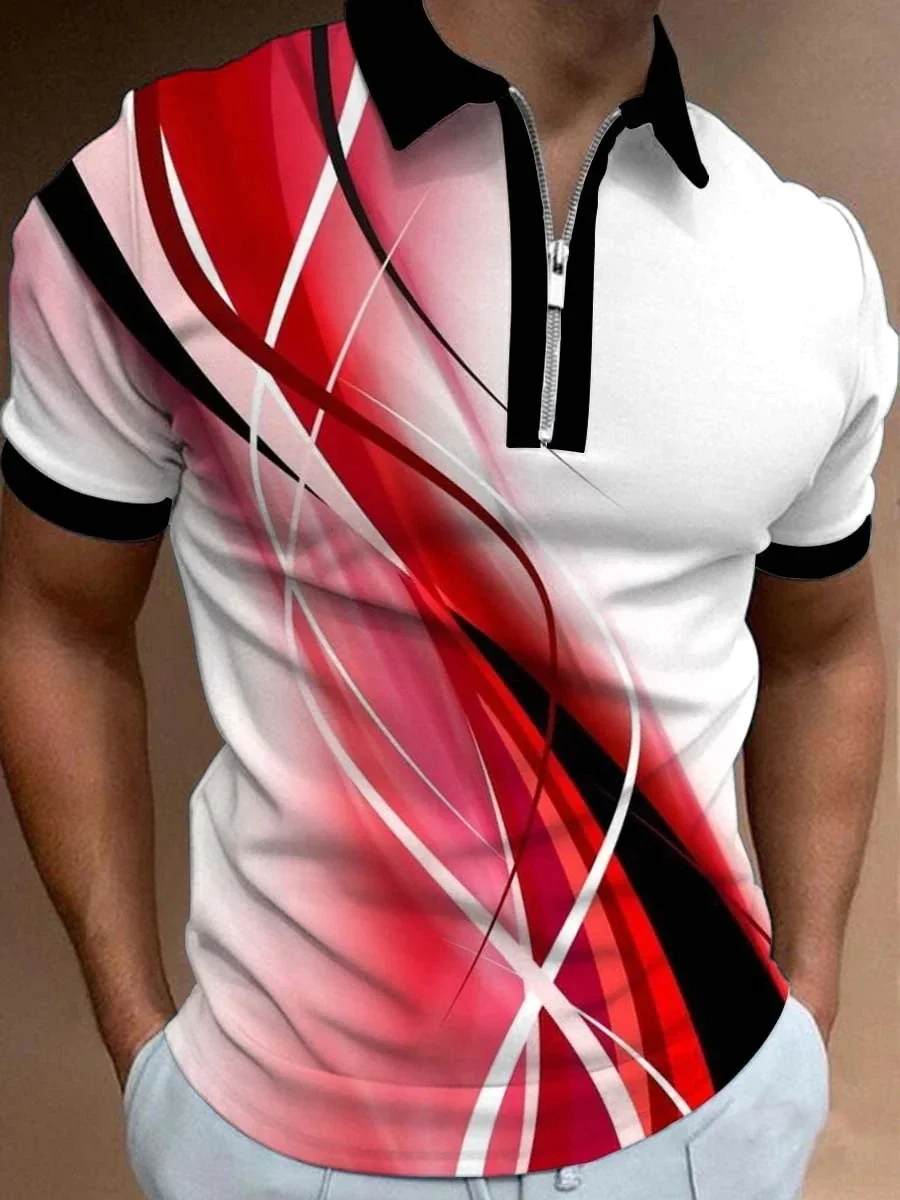 

Men's Casual Printed Short-Sleeved Polo Shirt 3D Printed Zip Up Polo Shirt Collar Regular Fit Polo Shirt