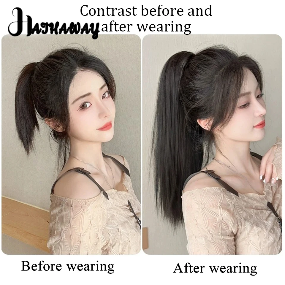 20 Inch Ponytail Female Synthetic Grasping Clip Black Long Straight Hair Natural Fluffy Increase Hair High Ponytail Wig Braid