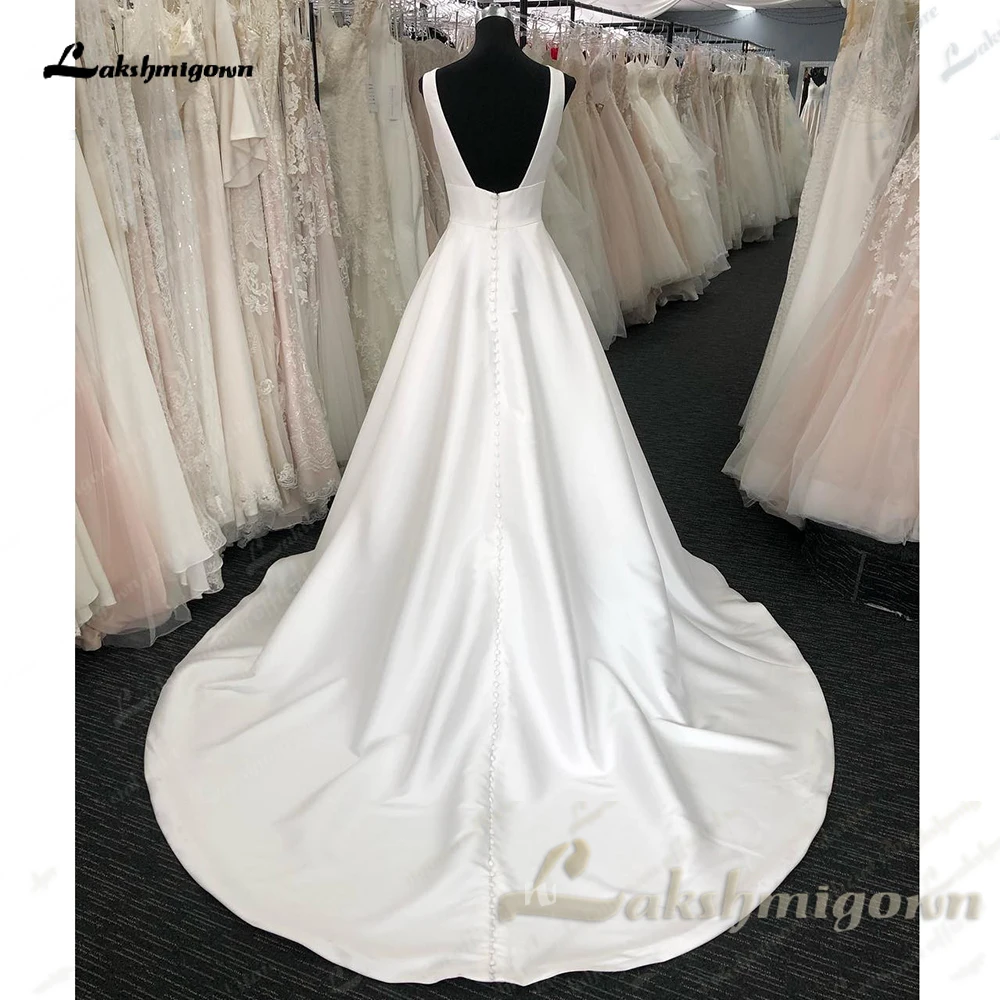 Lakshmigown-vestido de novia sin mangas para mujer, prenda de satén suave con cuello en V, línea A, espalda abierta, abiti da sposa, 2025