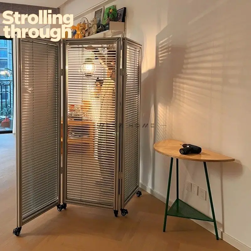 

Living room entrance mobile folding partition household floor shielding push-pull belt pulley light-transmitting aluminum