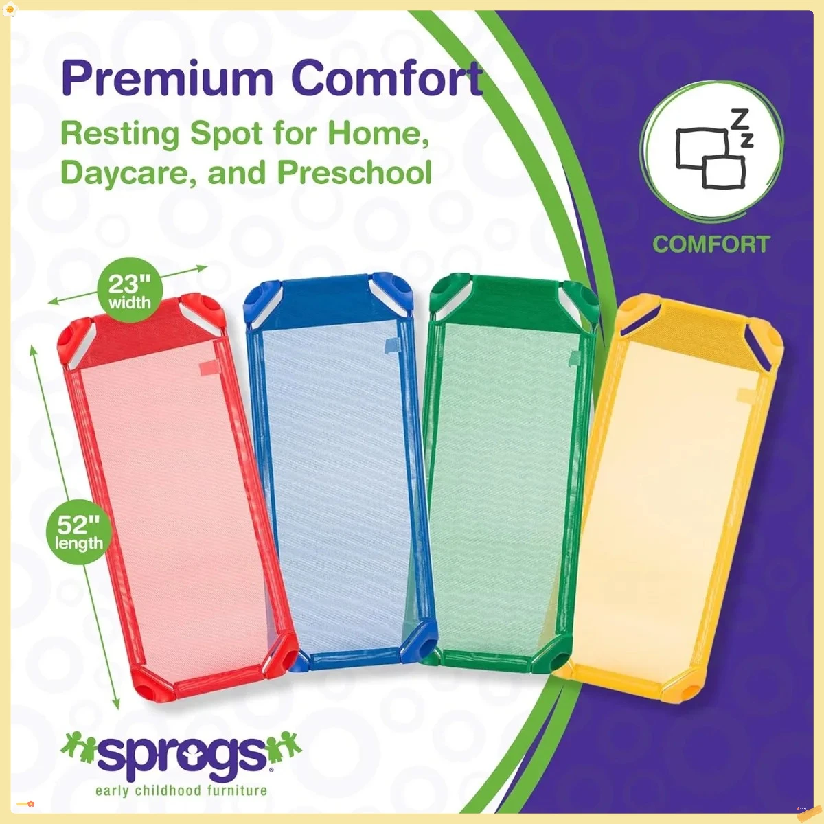 52インチ スタッカブル保育園用簡易ベッド、4個パック、アソートカラー、お昼寝用