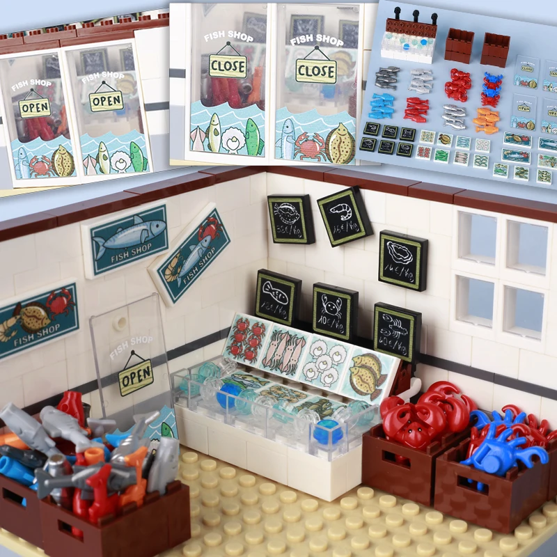 City MOC Seafood Restaurant Building Blocks Kit Window Door Food Menu Printed Tiles Vegetable Fish Crab Store Bricks Toys Gift