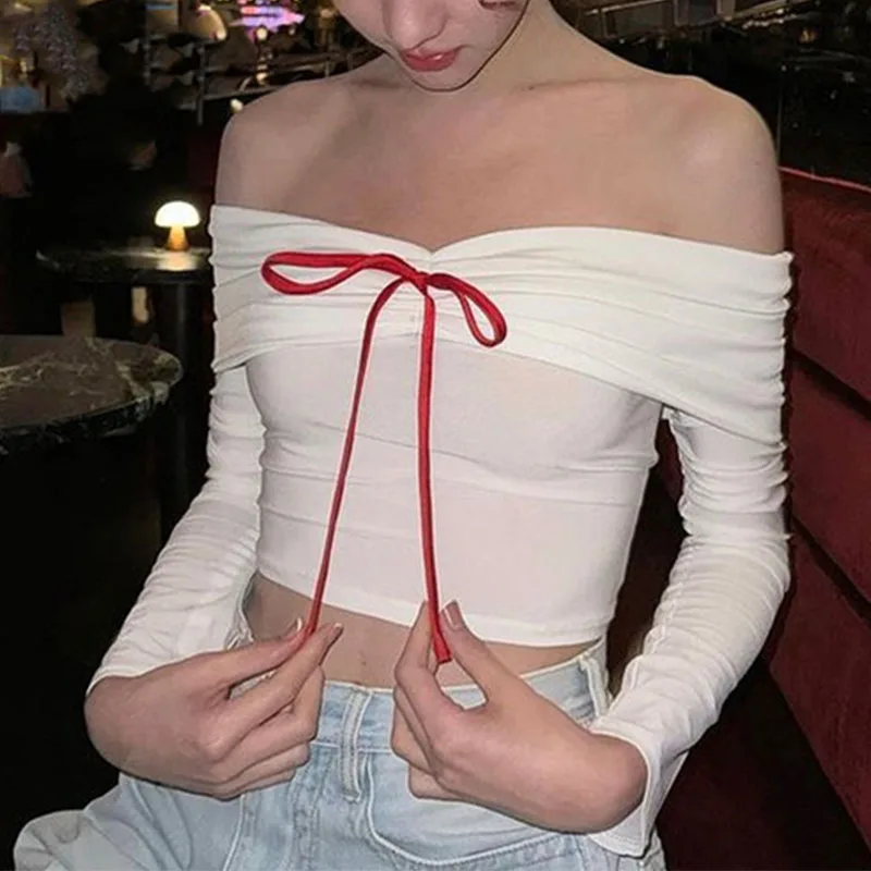 

Spring New Top Women's Long Sleeve T-shirt Sweet and Spicy Style One Shoulder Folded Bow Tie Casual Fashion Women's Wear