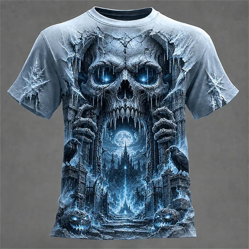 2026 Fashion New Men's Halloween 3D Full Print T‑Shirt Grim Reaper Skeleton Graphic Short Sleeve Horror Tee Party Tops