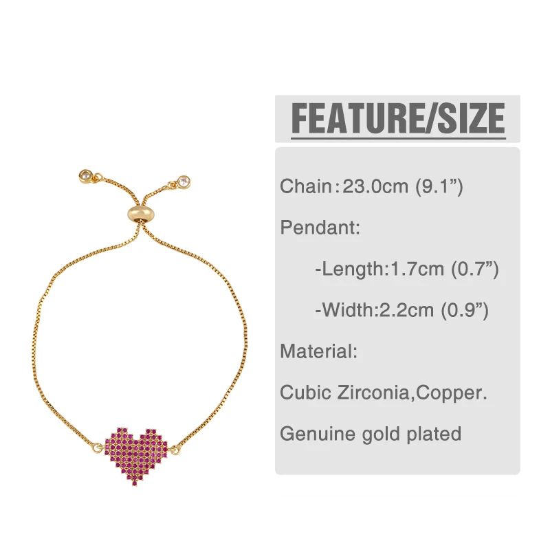 FLOLA Rainbow Heart Tennis Bracelet Woman Zirconia Safety Pin Cherry Charm Bracelet Gold Plated Jewelry regenboog armband brtb67