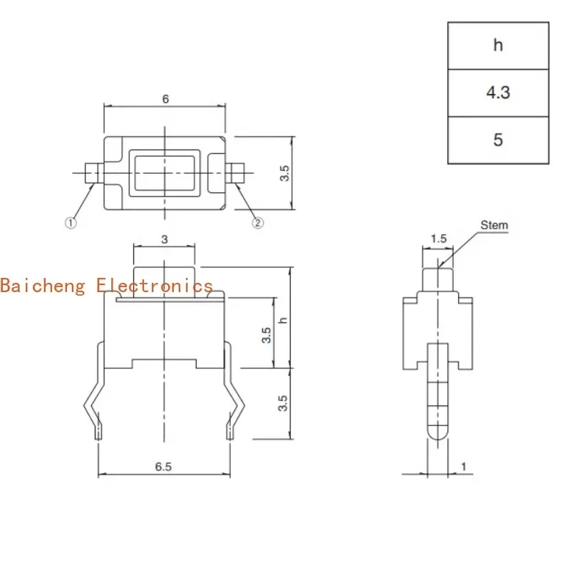 20PCS Directly insert 2-pin 3.5 * 6 * 4.3mm self resetting button, touch switch, touch touch touch, tactile sensation