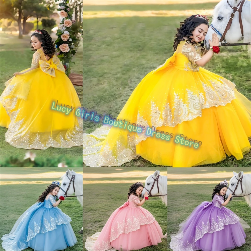 

Luxury Yellow Flower Girl Dress Tulle Fluffy With White Lace Applique For Wedding Ball Bridesmaid Birthday Party Evening Gowns