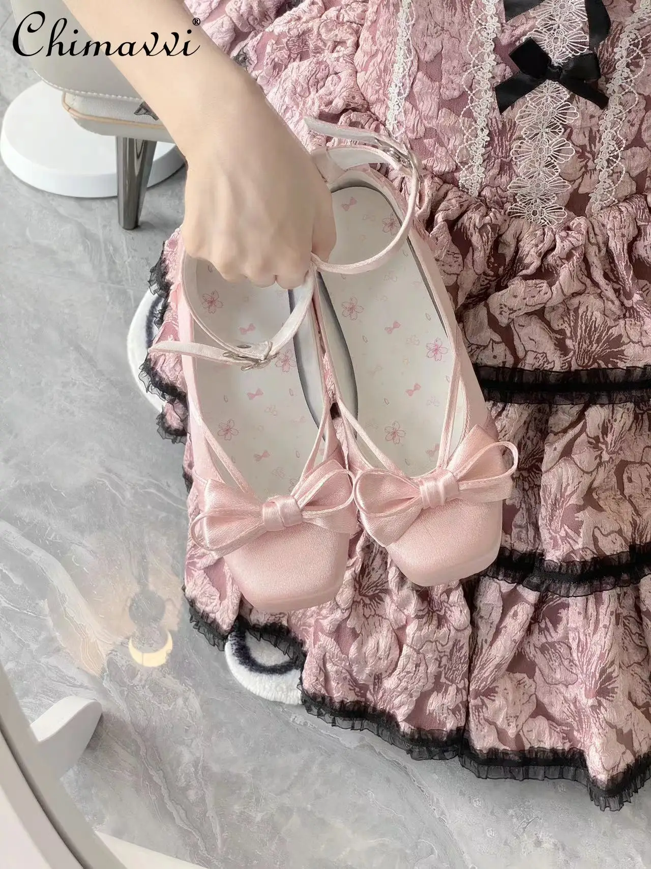 2024 Autumn New Lolita Style Square Toe Elegant Low Heel Satin Mary Jane Shoes Women Girls Sweet Elegant Bandage Ballet Shoes