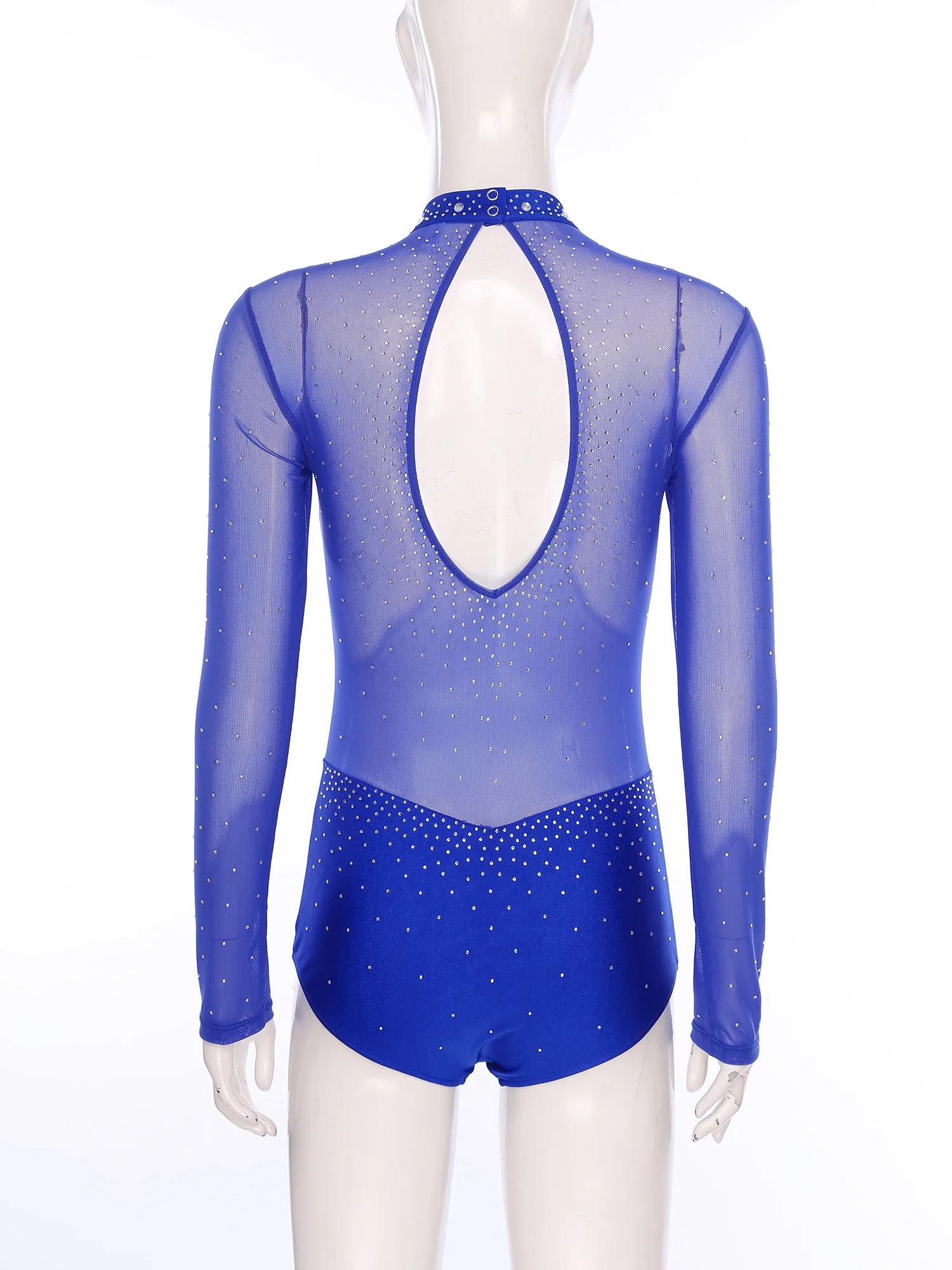 

Women Athletic Gymnastics Ballet Figure Skating Leotard Performance Costume Long Sleeve Sheer Mesh Rhinestones Skating Bodysuit