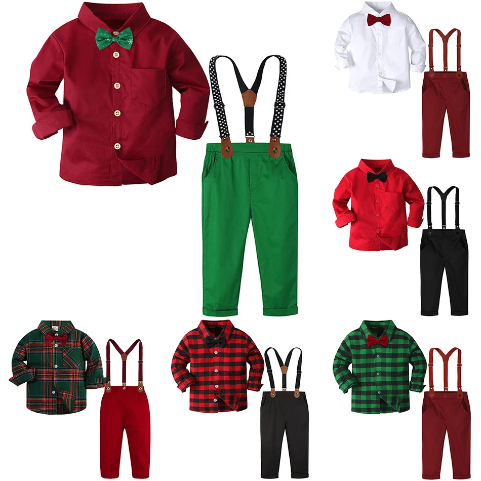 Kids Christmas Party Performance Costume Plaid Shirt Rompers Sets Boys Xmas Event Festival Gown Children Birthday Formal Clothes