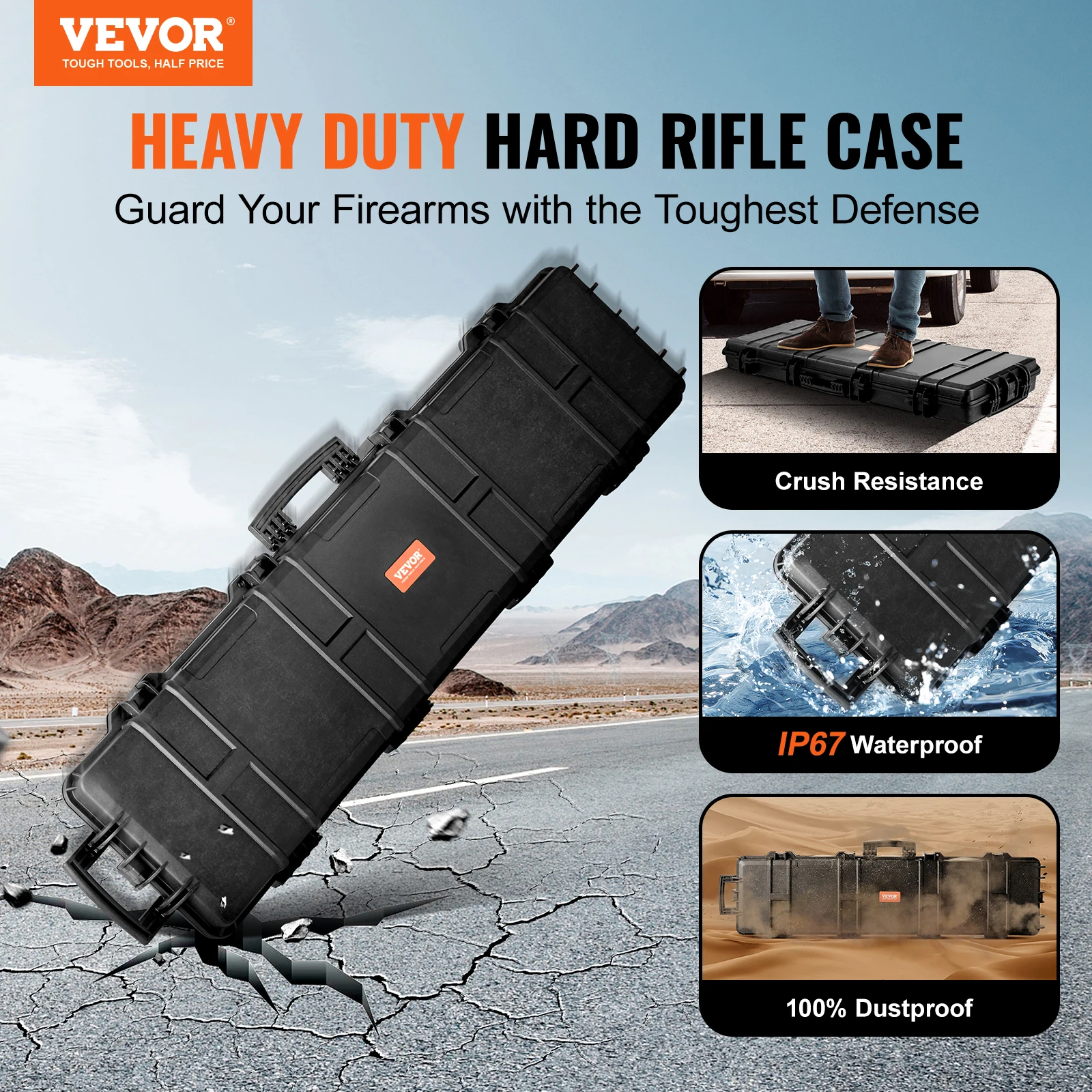 VEVOR Rifle Hard Case Portable Long Gun Storage Hard Suitcase W/ 2 Casters Shockproof & Waterproof Airsoft Rifle Protective Case