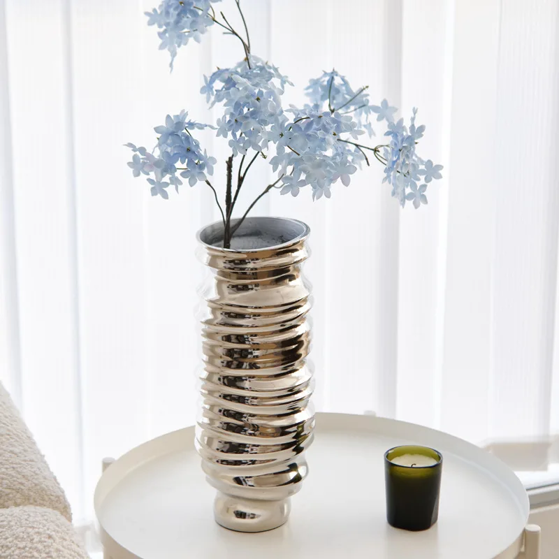 Luxury Aluminum Vase with Spiral Texture, Silver Shiny Floor Vase for Home Living Room Table Decor