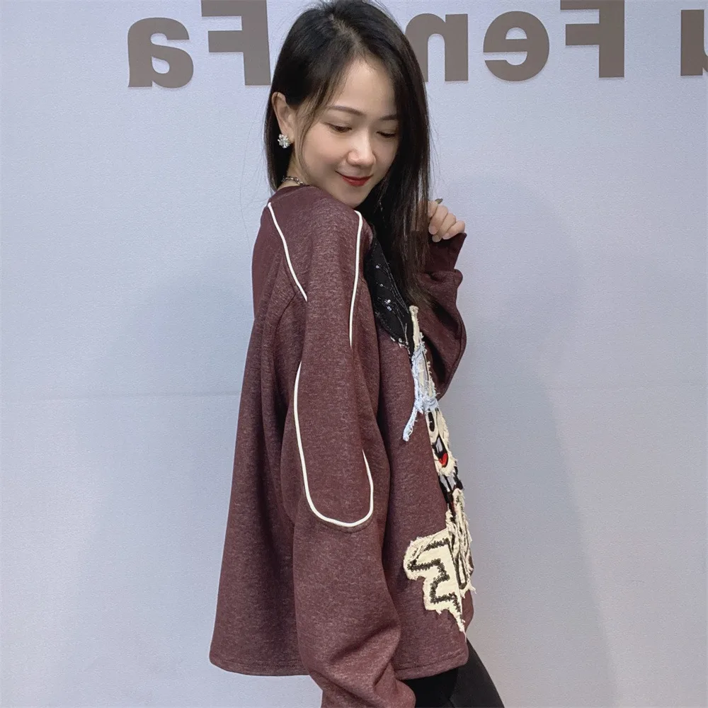 Balck Sweartshirt Women 2025 Autumn Fashion Patch Korean Style Loose Round Neck Pullover Sweatshirt for Women Long Sleevetop