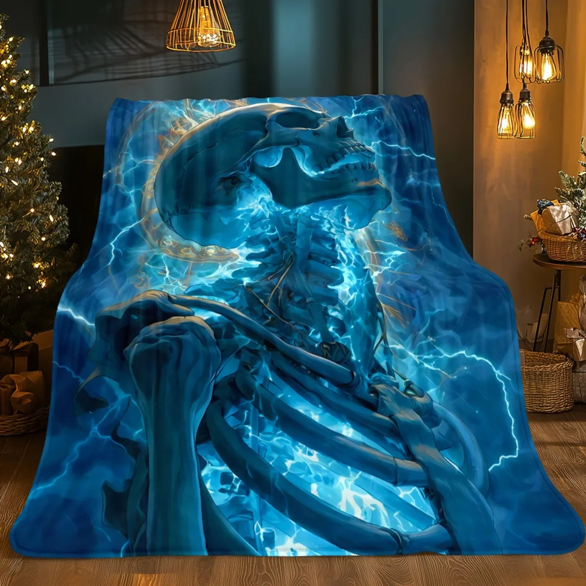 Electric Blue Skeleton Skull Print Throw Blanket Plush Cozy Sofa Decorative Gothic Art Sci-Fi Bedding Throw Winter Warming Gift