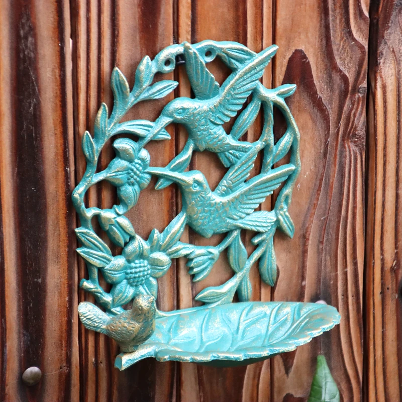 Vintage Gold Green Hummingbird Cast Iron Wall Mounted Bird Feeder Leave Storage Tray Plate For Home Garden Key Candle Holder