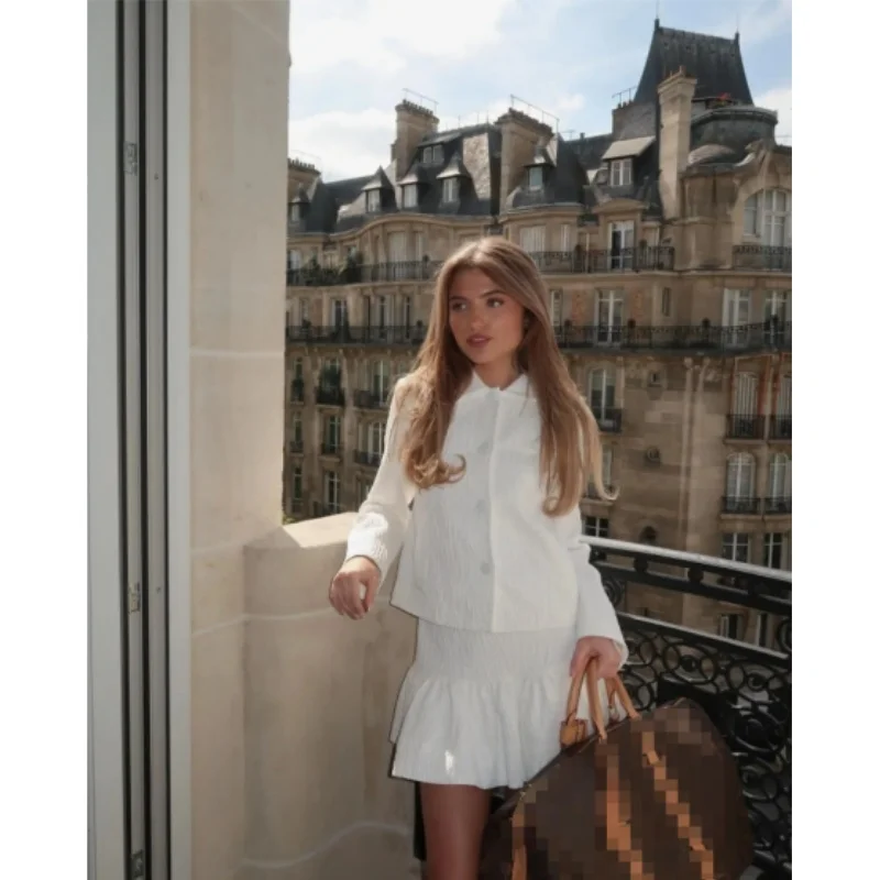WAKUTA Fashion Lapel Long Sleeved Glossy Fabric Suit Single Breasted Jacket+Short Skirt Set 2024 Spring Chic Odzieลผ damska