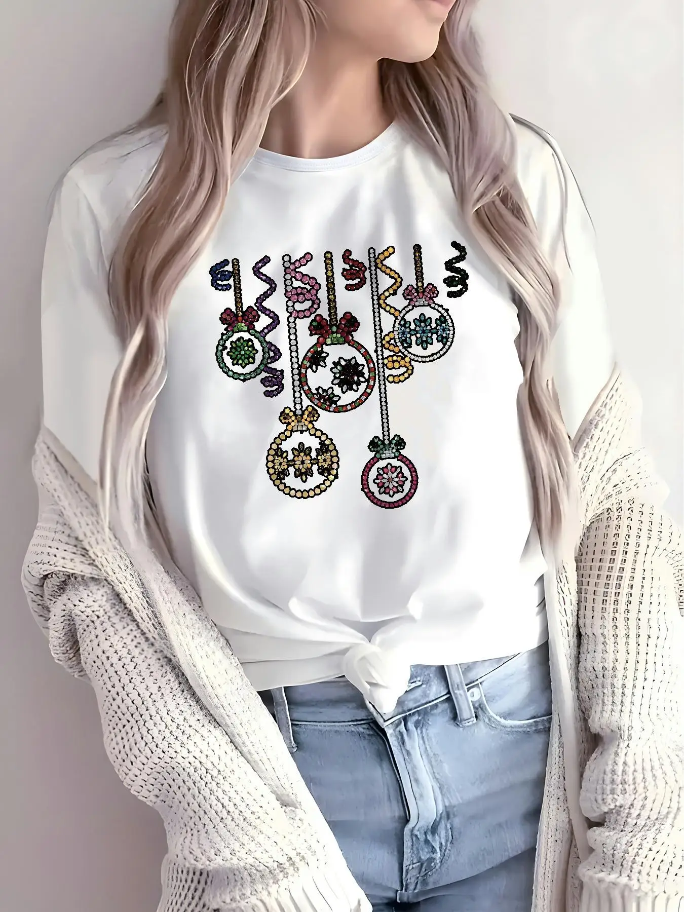 Women's White Cherry Blossom & Kanji Print Long Sleeve T-Shirt Casual Top Fashion Apparel Y2k Clothes Oversized Woman Clothing