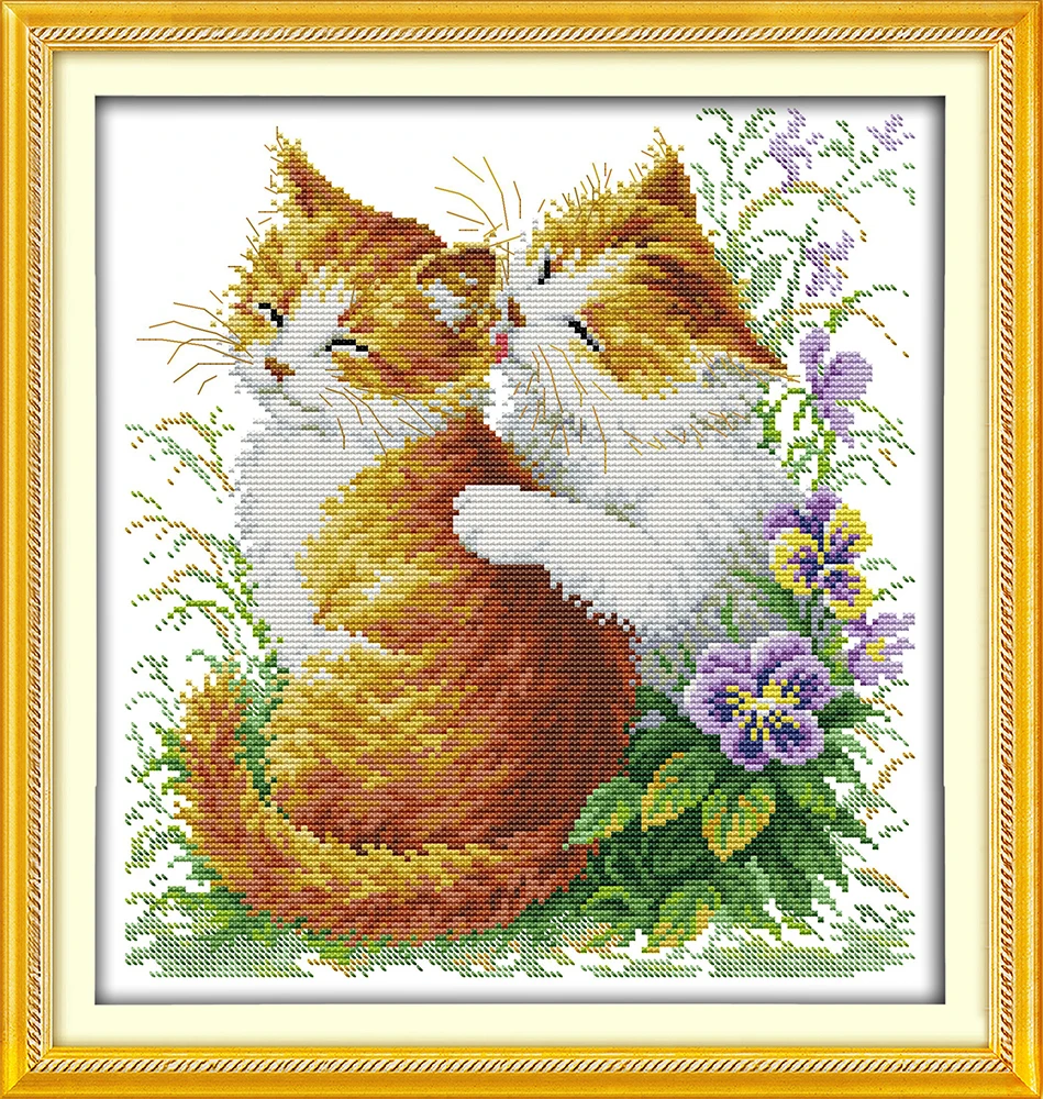 

Joy Sunday Pre-printed Cross Stitch Kit DIY Easy Pattern Aida 14/11CT Stamped Fabric Embroidery Set-Kissing Cats (2)